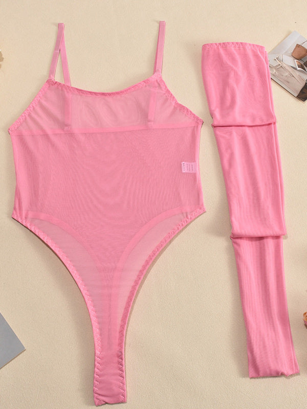 New Sexy Temptation Mesh Suspender Dress Set (Including Leg Socks)-TOPS / DRESSES-[Adult]-[Female]-Pink-S-2022 Online Blue Zone Planet