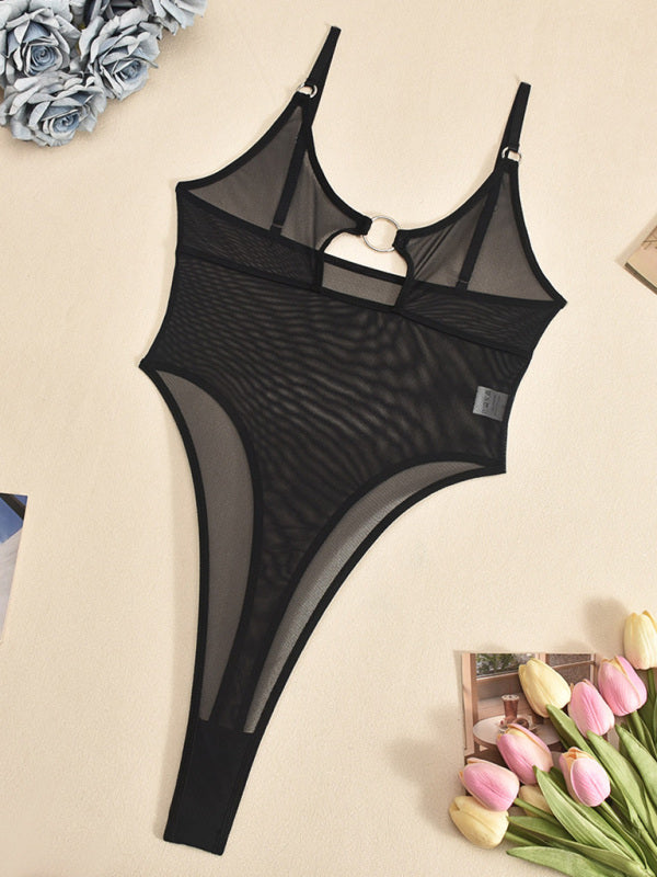 Mesh See-Through Chest Iron Ring Hollow Design Jumpsuit-[Adult]-[Female]-2022 Online Blue Zone Planet