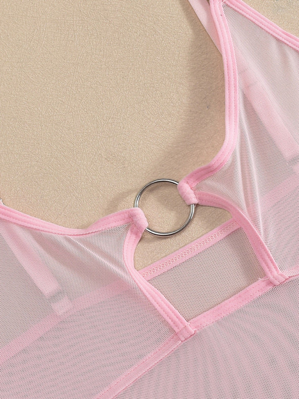 Mesh See-Through Chest Iron Ring Hollow Design Jumpsuit-[Adult]-[Female]-2022 Online Blue Zone Planet