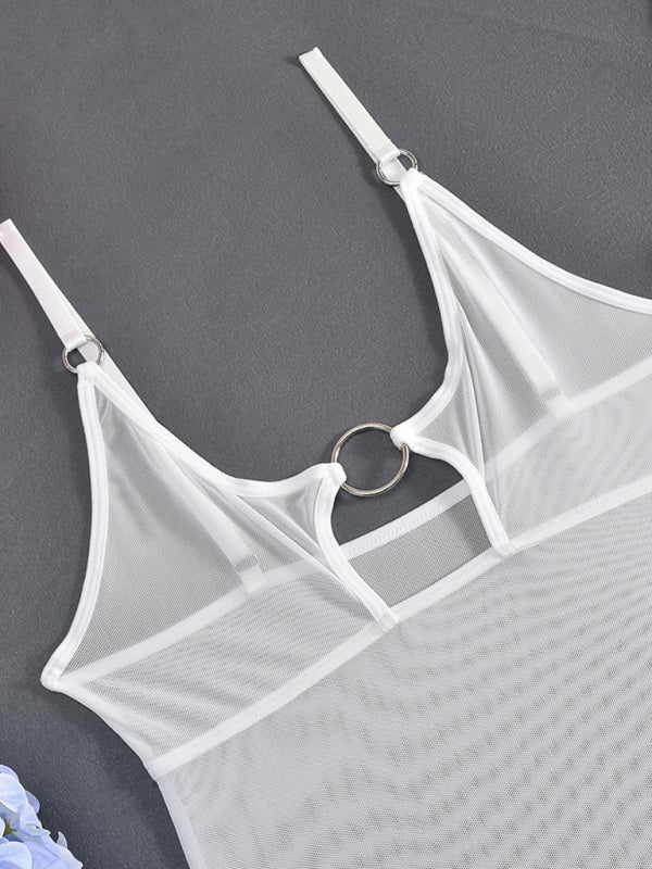 Mesh See-Through Chest Iron Ring Hollow Design Jumpsuit-[Adult]-[Female]-2022 Online Blue Zone Planet