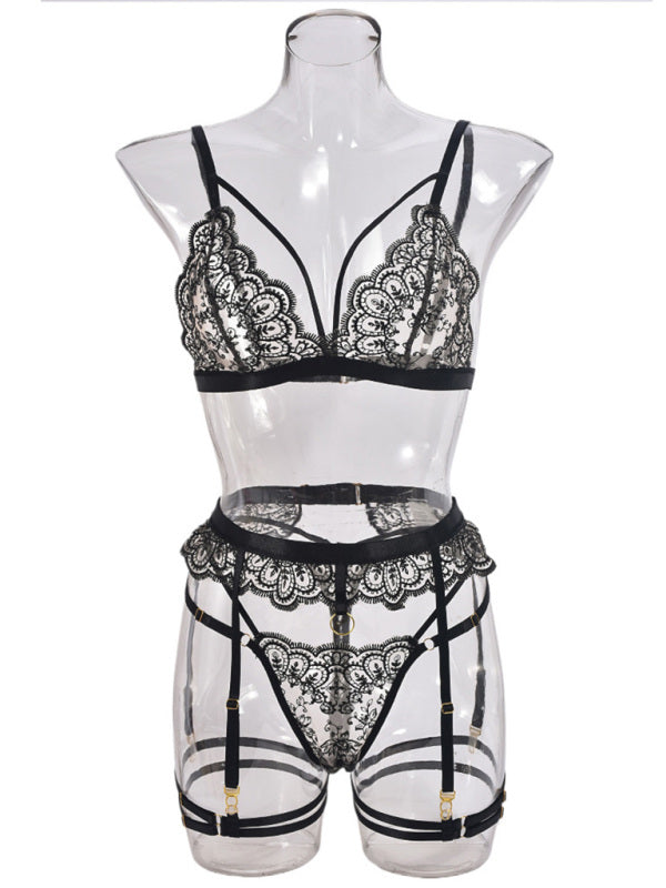 Embroidered Lace Sexy Lingerie Hollow Chest Design Sexy Four-Piece Set-[Adult]-[Female]-Black-S-2022 Online Blue Zone Planet