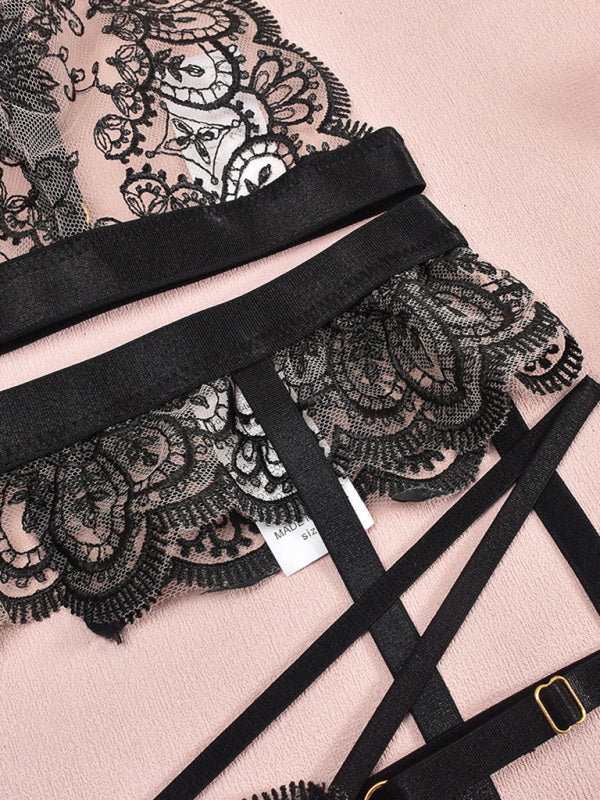 Embroidered Lace Sexy Lingerie Hollow Chest Design Sexy Four-Piece Set-[Adult]-[Female]-2022 Online Blue Zone Planet