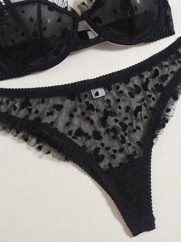 Sexy Lace Underwear Ultra-Thin Perspective Heart-Shaped Flocking Sexy Underwear Set-[Adult]-[Female]-2022 Online Blue Zone Planet