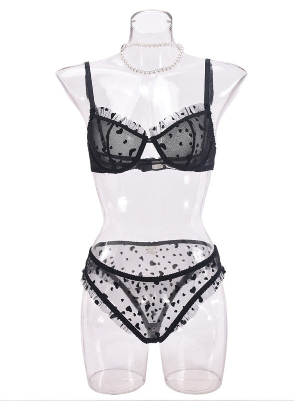 Sexy Lace Underwear Ultra-Thin Perspective Heart-Shaped Flocking Sexy Underwear Set-[Adult]-[Female]-Black-S-2022 Online Blue Zone Planet