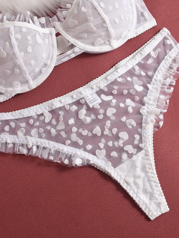 Sexy Lace Underwear Ultra-Thin Perspective Heart-Shaped Flocking Sexy Underwear Set-[Adult]-[Female]-2022 Online Blue Zone Planet