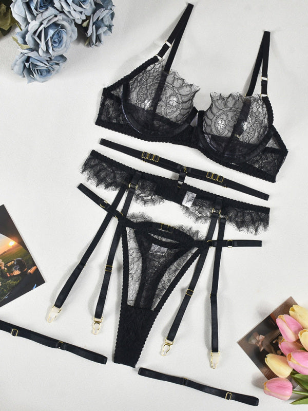 Eyelash Lace Sexy Elegant Lingerie Set 3 Pieces-[Adult]-[Female]-Black-S-2022 Online Blue Zone Planet