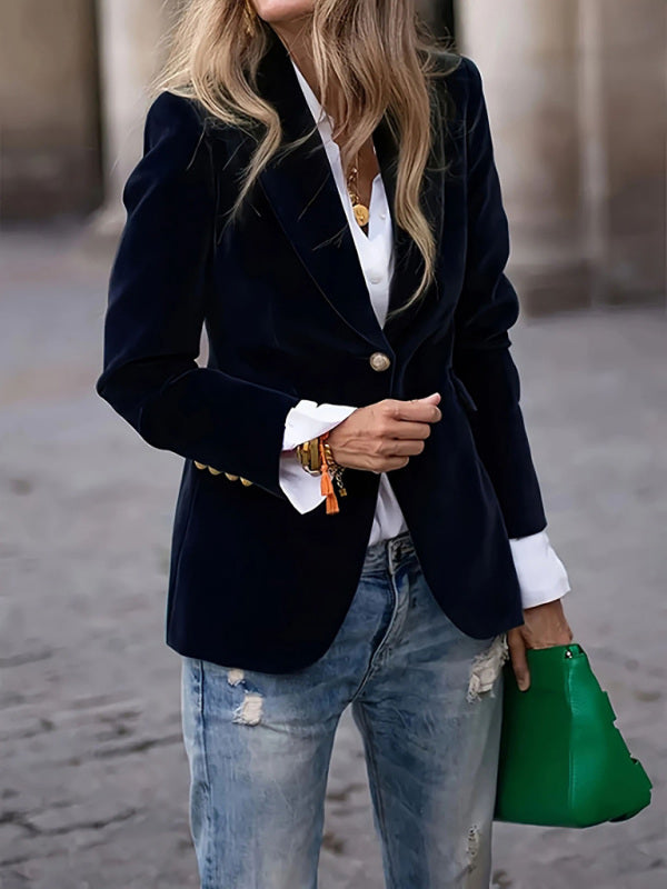 Gold velvet elegant slim fit suit jacket-[Adult]-[Female]-Black-S-2022 Online Blue Zone Planet