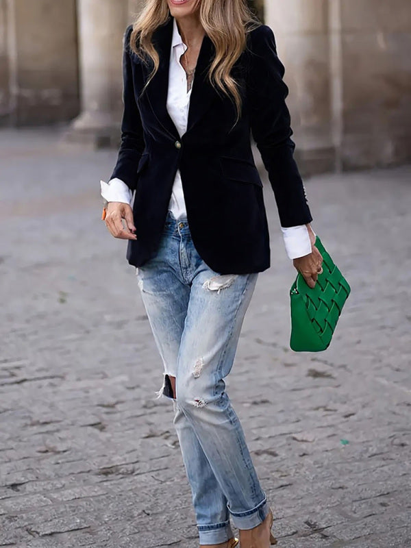 Gold velvet elegant slim fit suit jacket-[Adult]-[Female]-2022 Online Blue Zone Planet