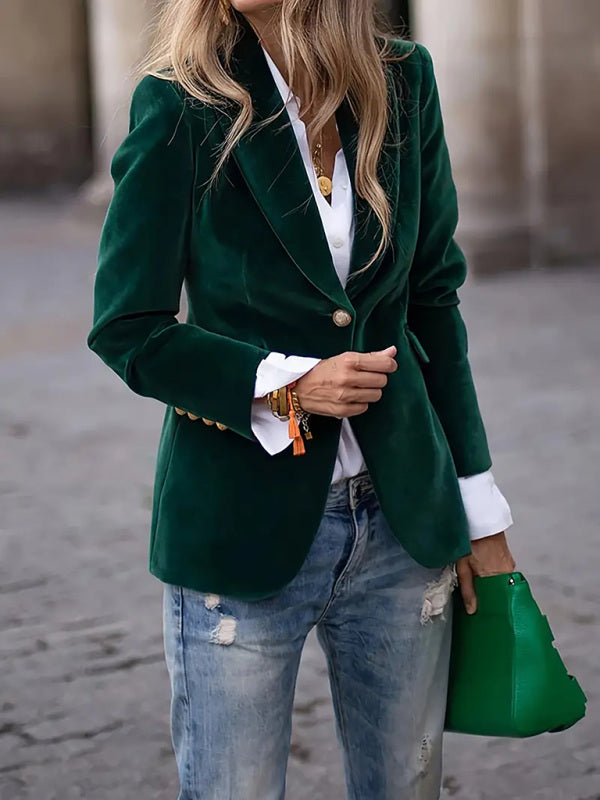 Gold velvet elegant slim fit suit jacket-[Adult]-[Female]-Green-S-2022 Online Blue Zone Planet