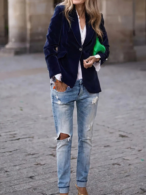Gold velvet elegant slim fit suit jacket-[Adult]-[Female]-2022 Online Blue Zone Planet