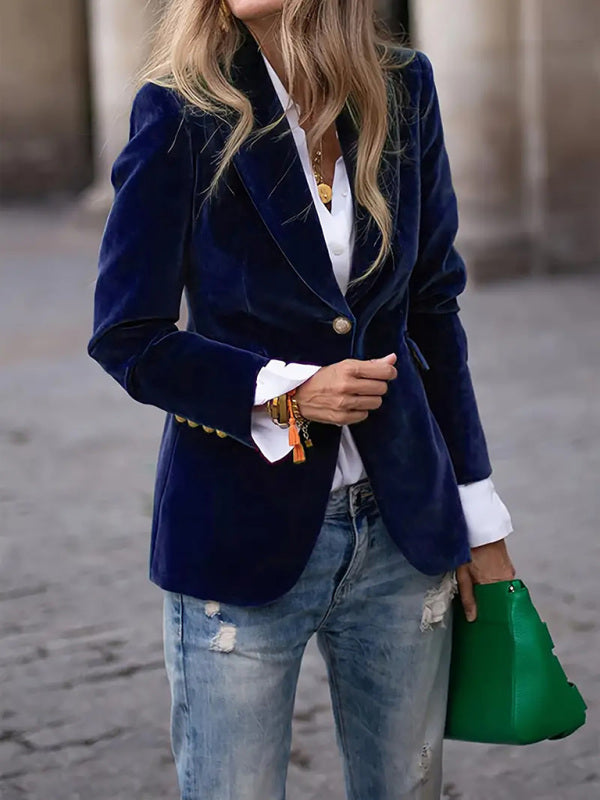 Gold velvet elegant slim fit suit jacket-[Adult]-[Female]-Champlain color-S-2022 Online Blue Zone Planet