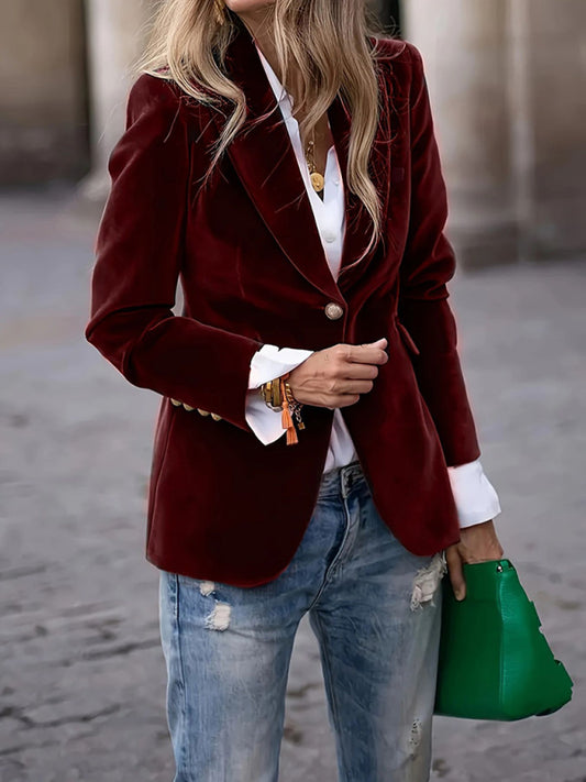 Gold velvet elegant slim fit suit jacket-[Adult]-[Female]-Wine Red-S-2022 Online Blue Zone Planet