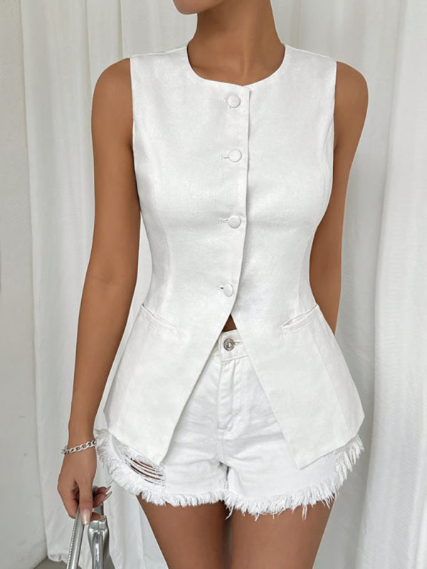 Sleeveless Button Round Neck Elegant Vest Top-[Adult]-[Female]-2022 Online Blue Zone Planet