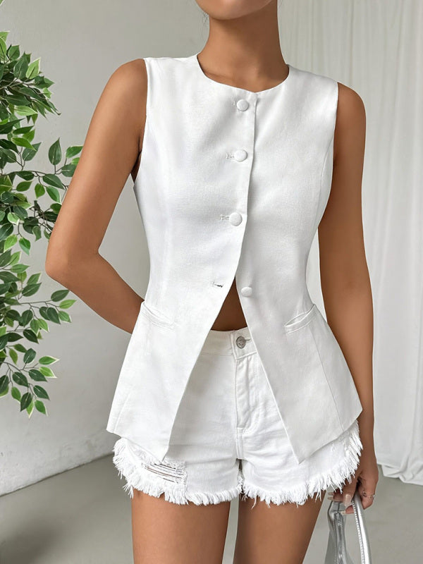 Sleeveless Button Round Neck Elegant Vest Top-[Adult]-[Female]-2022 Online Blue Zone Planet