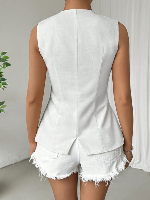 Sleeveless Button Round Neck Elegant Vest Top-[Adult]-[Female]-2022 Online Blue Zone Planet
