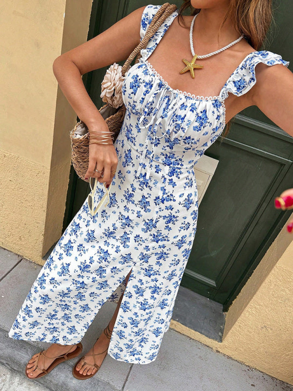 Blue Floral Side Split White Lace Accent Midi Dress-TOPS / DRESSES-[Adult]-[Female]-White-S-2022 Online Blue Zone Planet