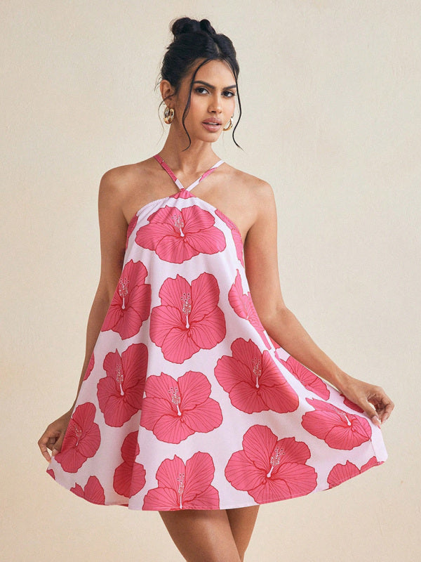 Women's Sexy Halter Neck Long Swing Printed Short Dress Pink / L by Blue Zone Planet Women's Sexy Halter Neck Long Swing Printed Short Dress Pink / L by Blue Zone Planet