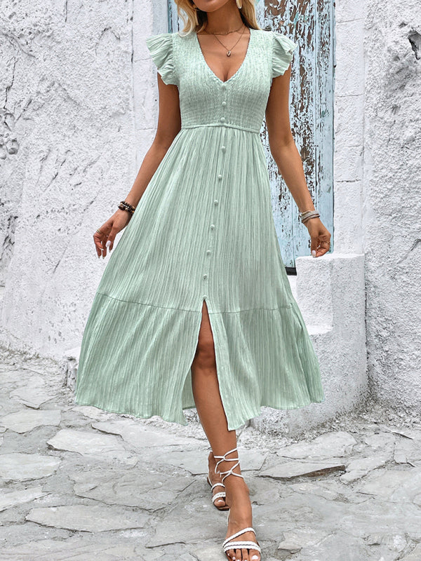 New V-neck slit fresh light green dress-TOPS / DRESSES-[Adult]-[Female]-2022 Online Blue Zone Planet