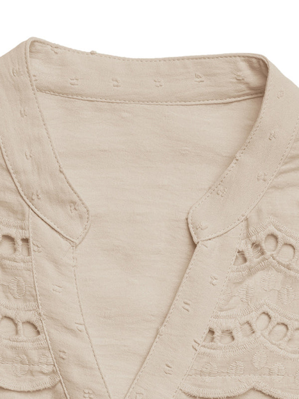 Lace Stitching Lotus Leaf Sleeve Small Stand Collar Shirt-[Adult]-[Female]-2022 Online Blue Zone Planet