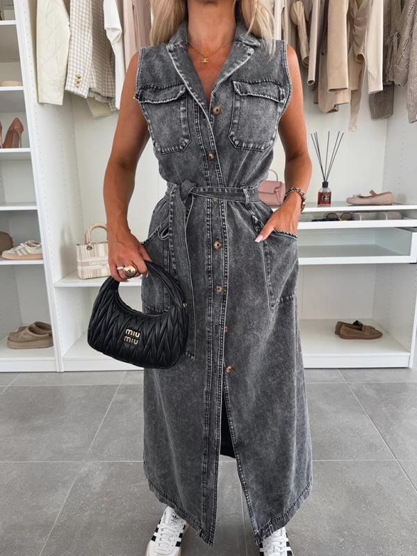 New Sleeveless Long Tie Waist Single Breasted Denim Dress-TOPS / DRESSES-[Adult]-[Female]-2022 Online Blue Zone Planet