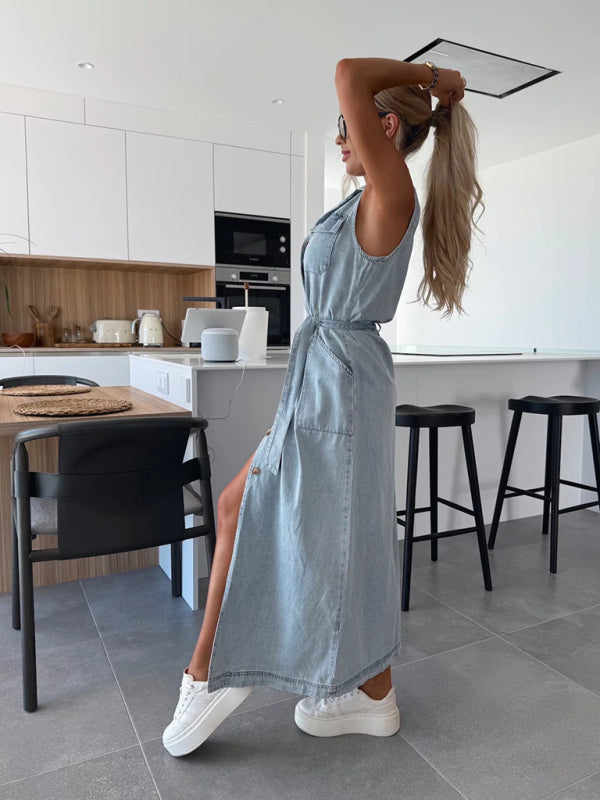 New Sleeveless Long Tie Waist Single Breasted Denim Dress-TOPS / DRESSES-[Adult]-[Female]-2022 Online Blue Zone Planet