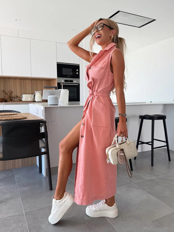 New Sleeveless Long Tie Waist Single Breasted Denim Dress-TOPS / DRESSES-[Adult]-[Female]-2022 Online Blue Zone Planet