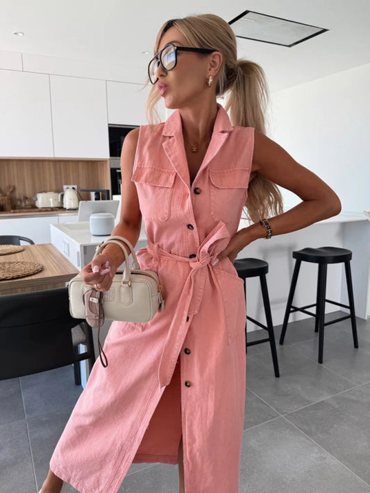 New Sleeveless Long Tie Waist Single Breasted Denim Dress-TOPS / DRESSES-[Adult]-[Female]-Pink-S-2022 Online Blue Zone Planet