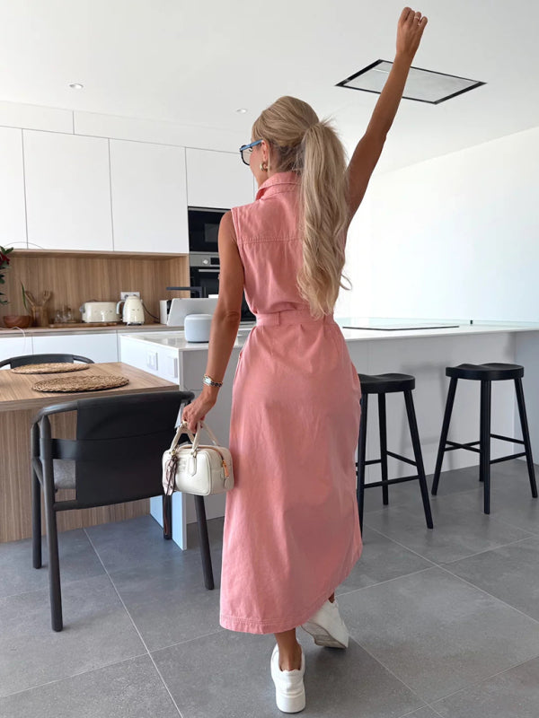 New Sleeveless Long Tie Waist Single Breasted Denim Dress-TOPS / DRESSES-[Adult]-[Female]-2022 Online Blue Zone Planet