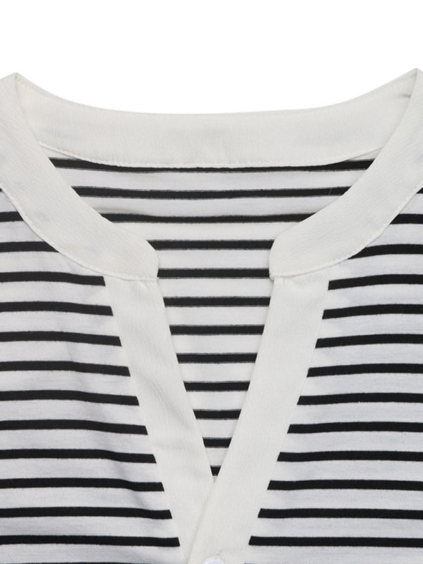 Puff Sleeve Small Stand Collar Casual Striped T-Shirt-[Adult]-[Female]-2022 Online Blue Zone Planet