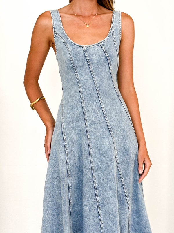 Sleeveless Backless Midi Strap Long Denim Dress-TOPS / DRESSES-[Adult]-[Female]-2022 Online Blue Zone Planet