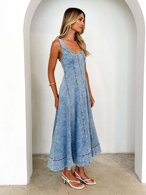 Sleeveless Backless Midi Strap Long Denim Dress-TOPS / DRESSES-[Adult]-[Female]-2022 Online Blue Zone Planet