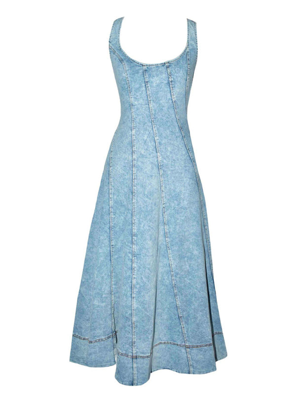 Sleeveless Backless Midi Strap Long Denim Dress-TOPS / DRESSES-[Adult]-[Female]-2022 Online Blue Zone Planet
