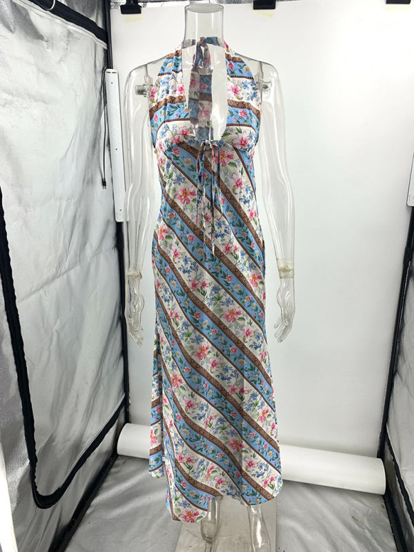 Sexy Printed Halter Backless V Neck Dress-TOPS / DRESSES-[Adult]-[Female]-2022 Online Blue Zone Planet