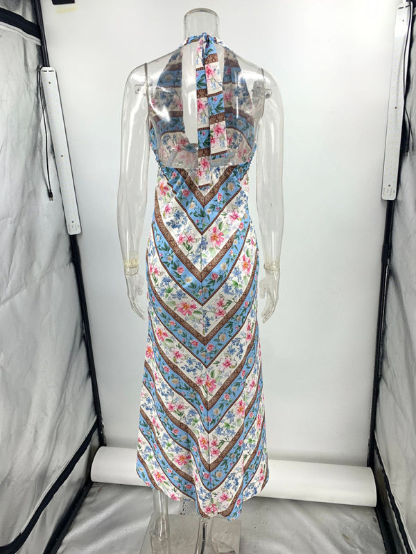 Sexy Printed Halter Backless V Neck Dress-TOPS / DRESSES-[Adult]-[Female]-2022 Online Blue Zone Planet
