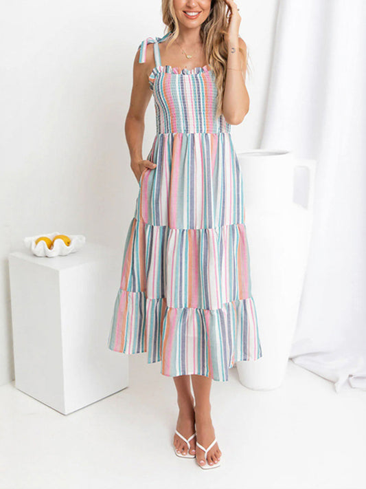 New style strappy color contrast striped suspender dress-TOPS / DRESSES-[Adult]-[Female]-Blue-S-2022 Online Blue Zone Planet