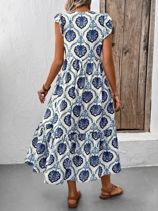 Vacation Loose V-Neck Ethnic Print Long Dress-TOPS / DRESSES-[Adult]-[Female]-2022 Online Blue Zone Planet