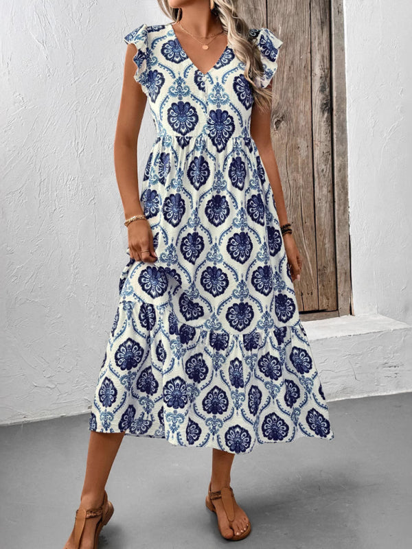 Vacation Loose V-Neck Ethnic Print Long Dress-TOPS / DRESSES-[Adult]-[Female]-2022 Online Blue Zone Planet