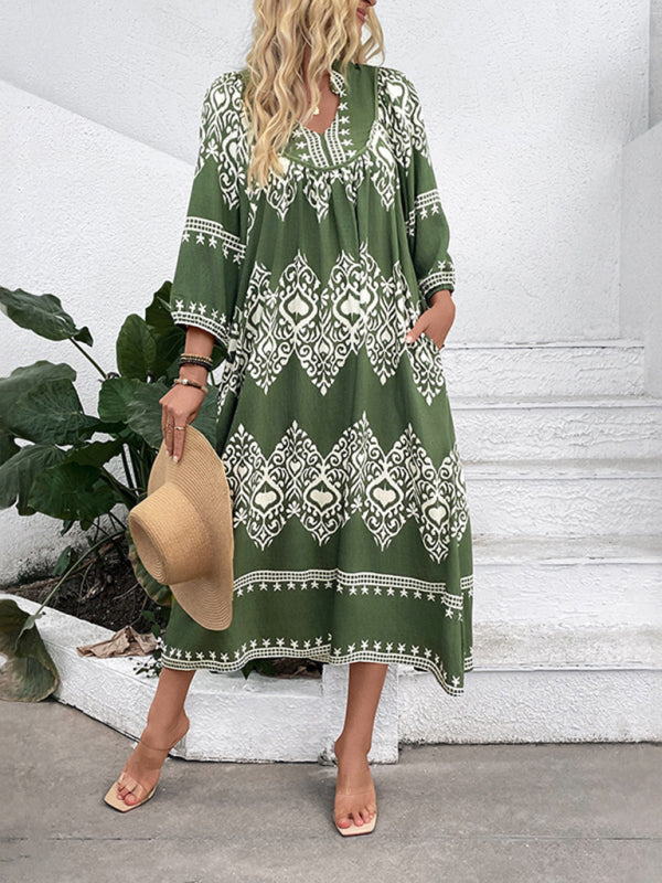 Casual holiday ethnic style geometric print loose dress-TOPS / DRESSES-[Adult]-[Female]-2022 Online Blue Zone Planet