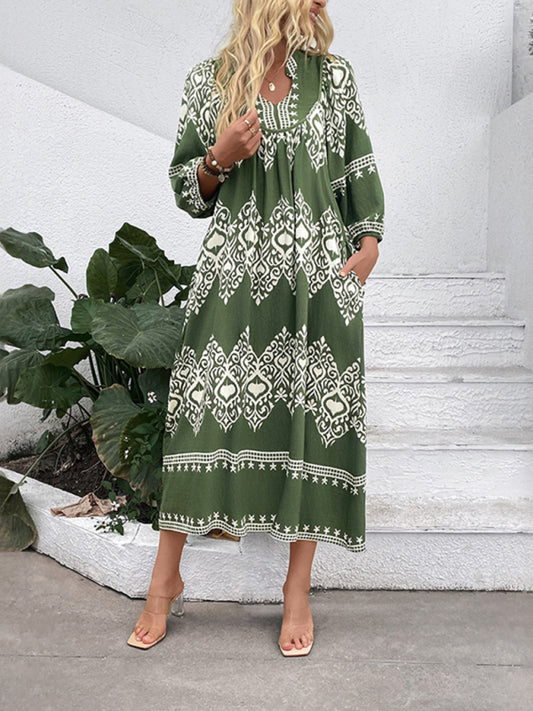 Casual holiday ethnic style geometric print loose dress-TOPS / DRESSES-[Adult]-[Female]-Green-S-2022 Online Blue Zone Planet