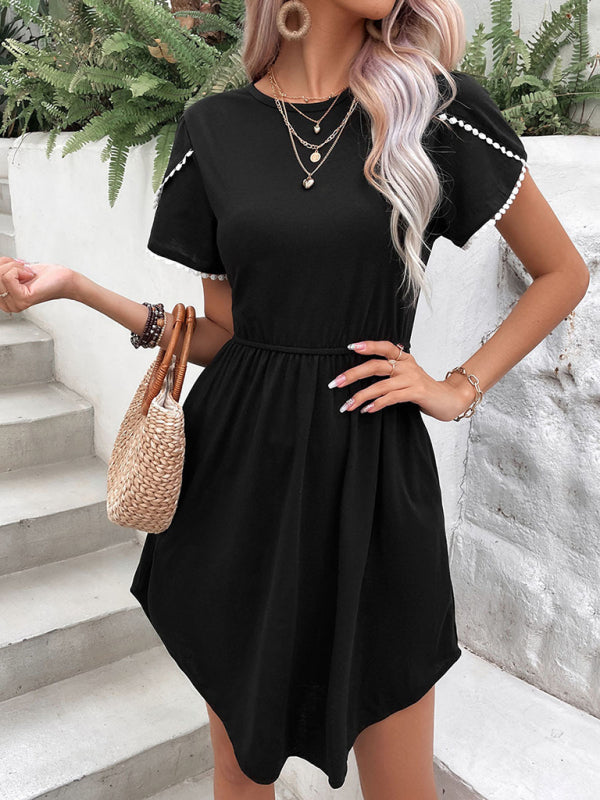 Simple style round neck lace petal short sleeve T-shirt dress-TOPS / DRESSES-[Adult]-[Female]-2022 Online Blue Zone Planet
