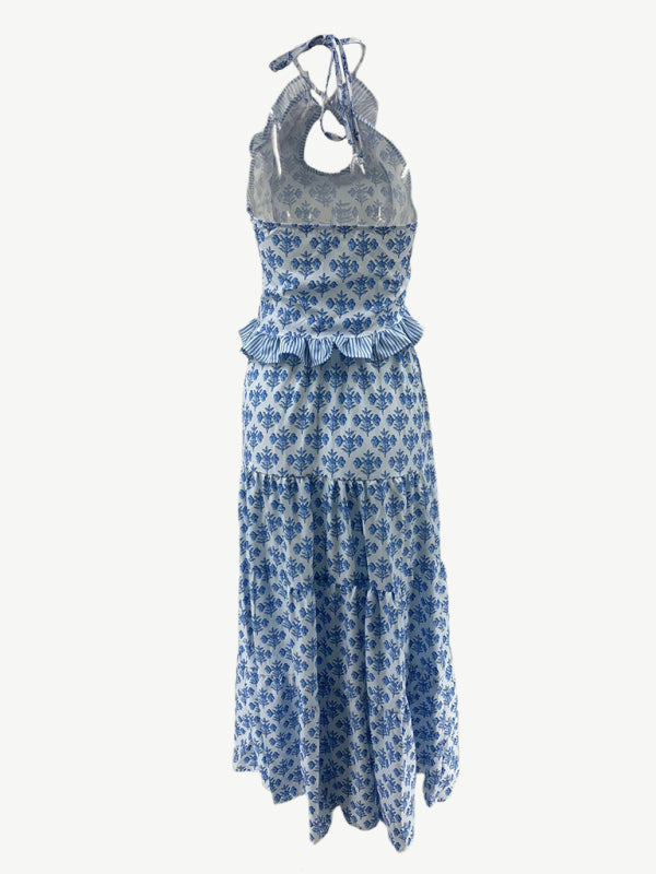 Fashion casual halter neck top printed skirt two piece set-[Adult]-[Female]-2022 Online Blue Zone Planet