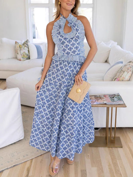 Fashion casual halter neck top printed skirt two piece set-[Adult]-[Female]-Blue-S-2022 Online Blue Zone Planet