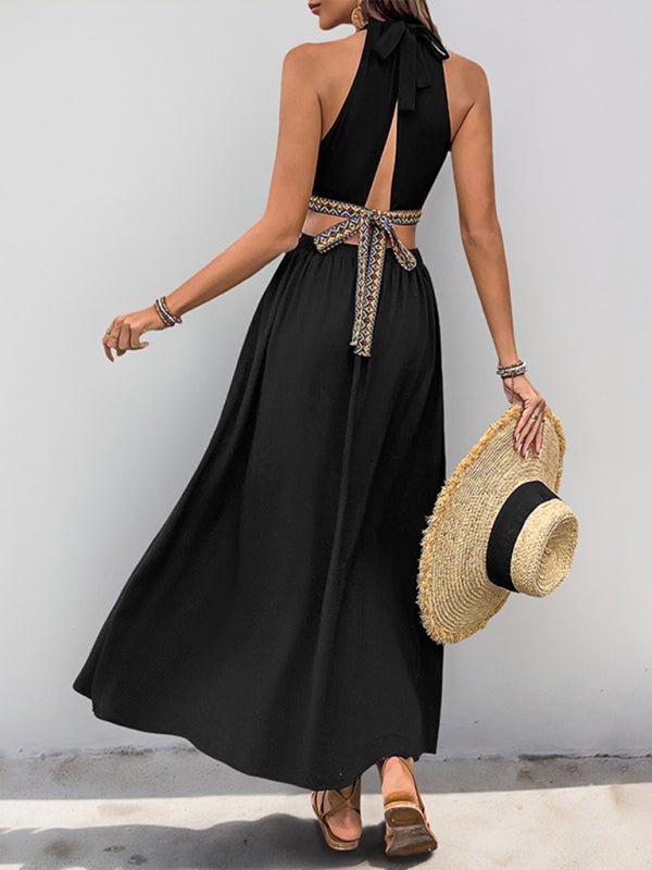 Hollow tie holiday style waist-baring dress-TOPS / DRESSES-[Adult]-[Female]-2022 Online Blue Zone Planet