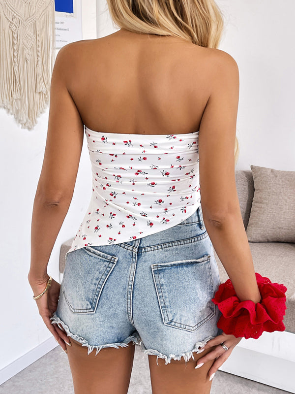 Women's Sexy Tube Top Irregular Hem Floral Top-[Adult]-[Female]-2022 Online Blue Zone Planet