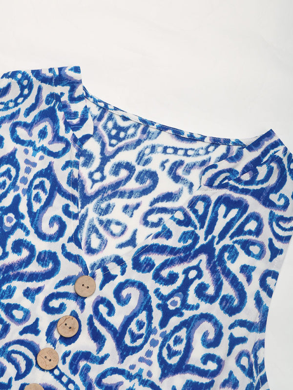 New V-neck button print sleeveless casual dress-TOPS / DRESSES-[Adult]-[Female]-2022 Online Blue Zone Planet