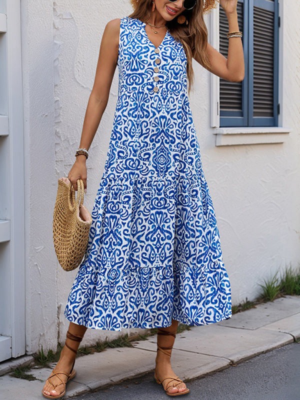 New V-neck button print sleeveless casual dress-TOPS / DRESSES-[Adult]-[Female]-Blue-S-2022 Online Blue Zone Planet