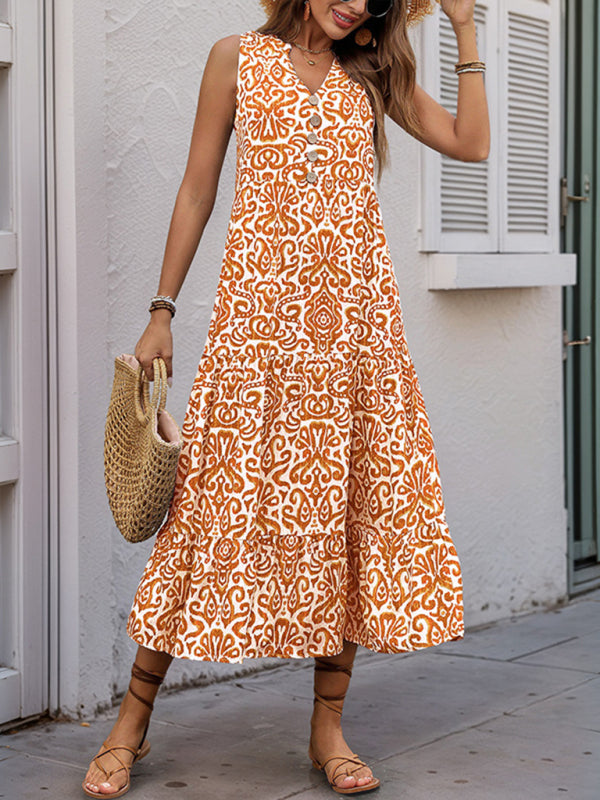 New V-neck button print sleeveless casual dress-TOPS / DRESSES-[Adult]-[Female]-Orange-S-2022 Online Blue Zone Planet