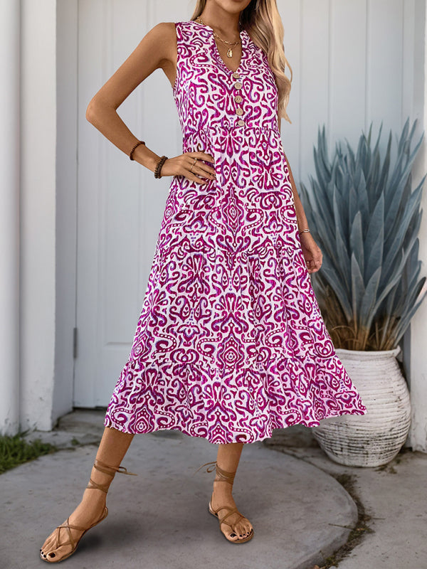 New V-neck button print sleeveless casual dress-TOPS / DRESSES-[Adult]-[Female]-2022 Online Blue Zone Planet