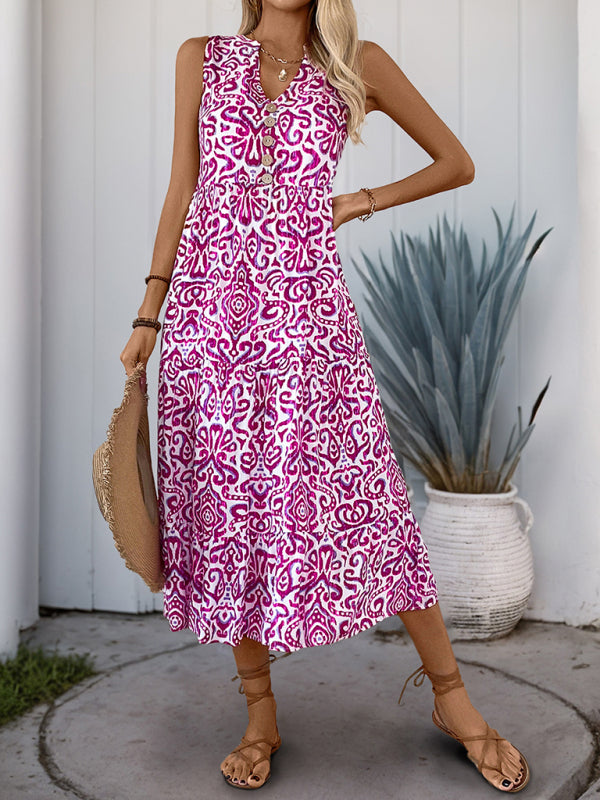 New V-neck button print sleeveless casual dress-TOPS / DRESSES-[Adult]-[Female]-Rose-S-2022 Online Blue Zone Planet