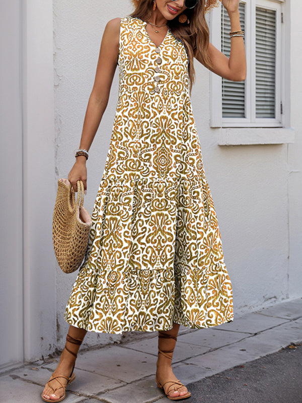 New V-neck button print sleeveless casual dress-TOPS / DRESSES-[Adult]-[Female]-Yellow-S-2022 Online Blue Zone Planet